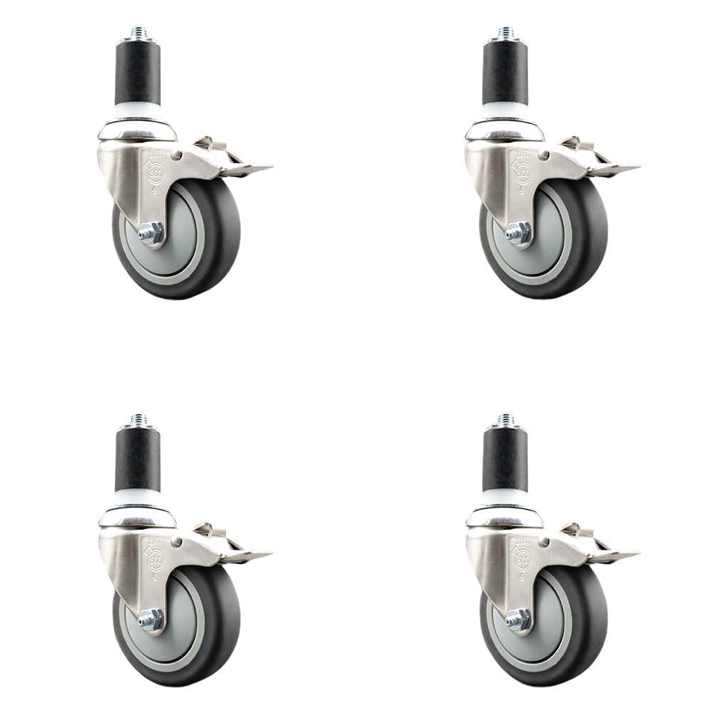 Thermoplastic Rubber Swivel Stem Caster Set of 4 with 4 Inch Caster Wheels - 1-5/8" Expanding Stems - 316 Stainless Steel Casters -Includes 4 Swivel Casters with Total Lock Brakes-Service Caster Brand — photo 1