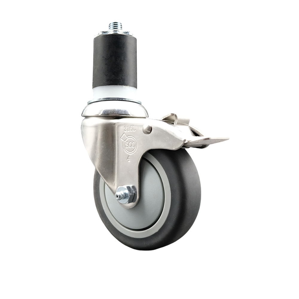 Thermoplastic Rubber Swivel Stem Caster with 4 Inch Gray Caster Wheel and Total Lock Brake - 1-7/8" Expanding Stem - 316 Stainless Steel Caster - 250 lbs. Capacity Per Caster - Service Caster Brand — photo 1