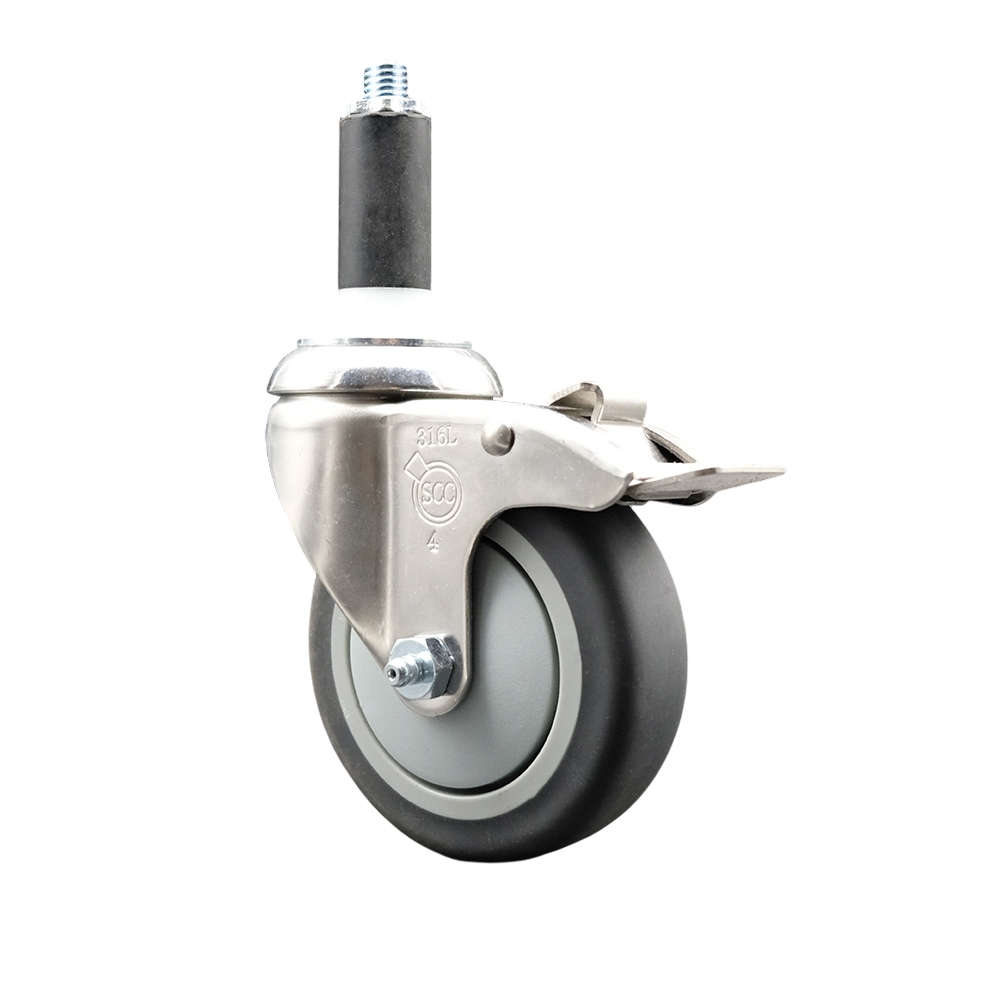 Thermoplastic Rubber Swivel Stem Caster with 4 Inch Gray Caster Wheel and Total Lock Brake - 1" Expanding Stem - 316 Stainless Steel Caster - 250 lbs. Capacity Per Caster - Service Caster Brand — photo 1