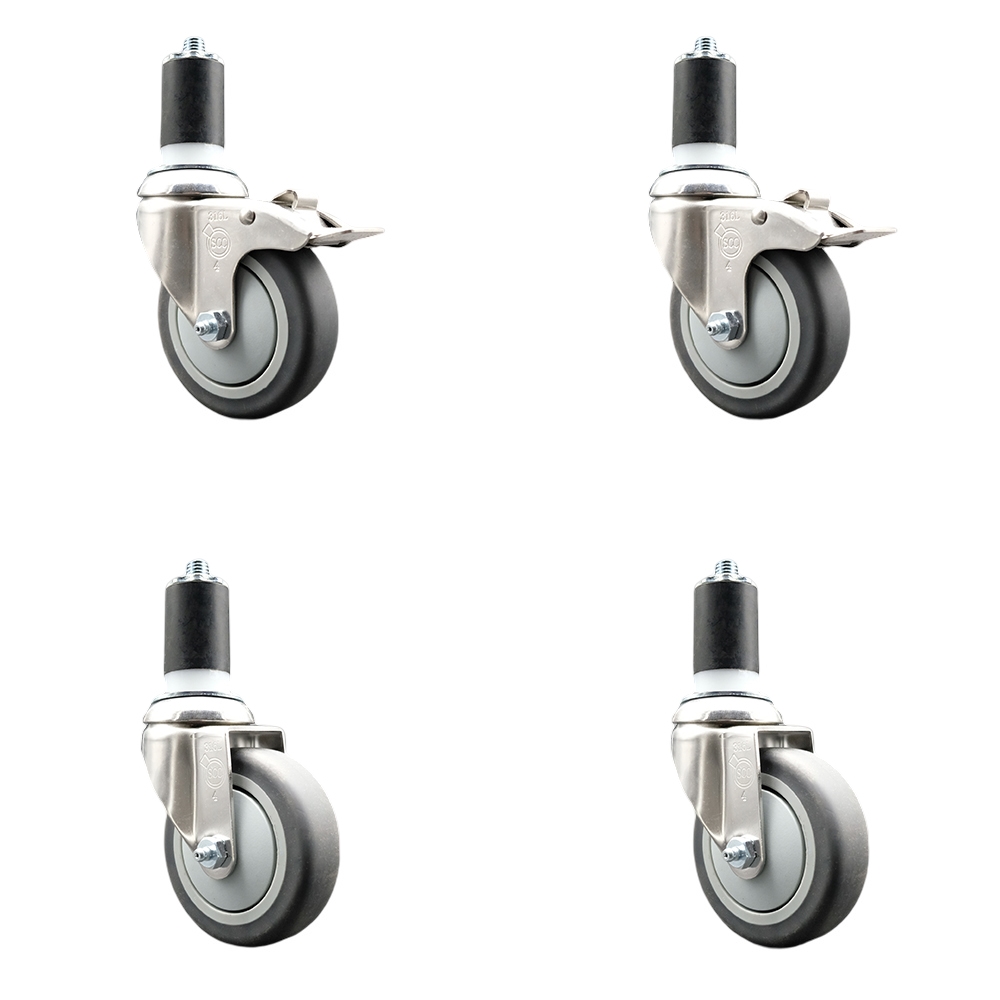 Thermoplastic Rubber Swivel Stem Caster Set of 4 with 4 Inch Caster Wheels- 1-1/2" Expanding Stem-316 Stainless Steel Casters-Includes 2 Swivel with Total Lock Brakes and 2 Swivel-Service Caster Brand — photo 1