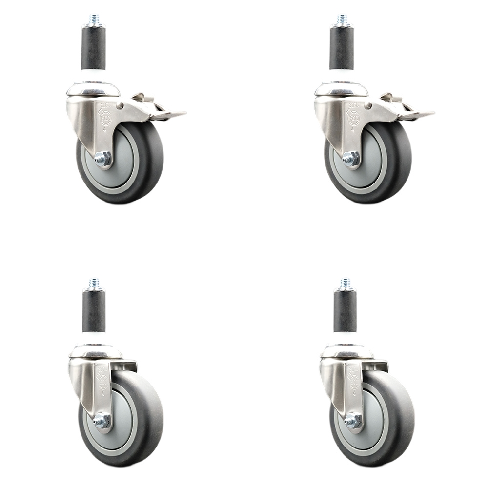 Thermoplastic Rubber Swivel Stem Caster Set of 4 with 4 Inch Caster Wheels- 1-1/4" Expanding Stem-316 Stainless Steel Casters-Includes 2 Swivel with Total Lock Brakes and 2 Swivel-Service Caster Brand — photo 1