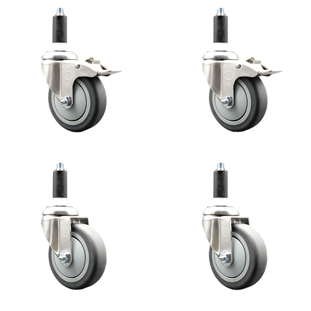 Thermoplastic Rubber Swivel Stem Caster Set of 4 with 4 Inch Caster Wheels- 1-1/8" Expanding Stem-316 Stainless Steel Casters-Includes 2 Swivel with Total Lock Brakes and 2 Swivel-Service Caster Brand — photo 1