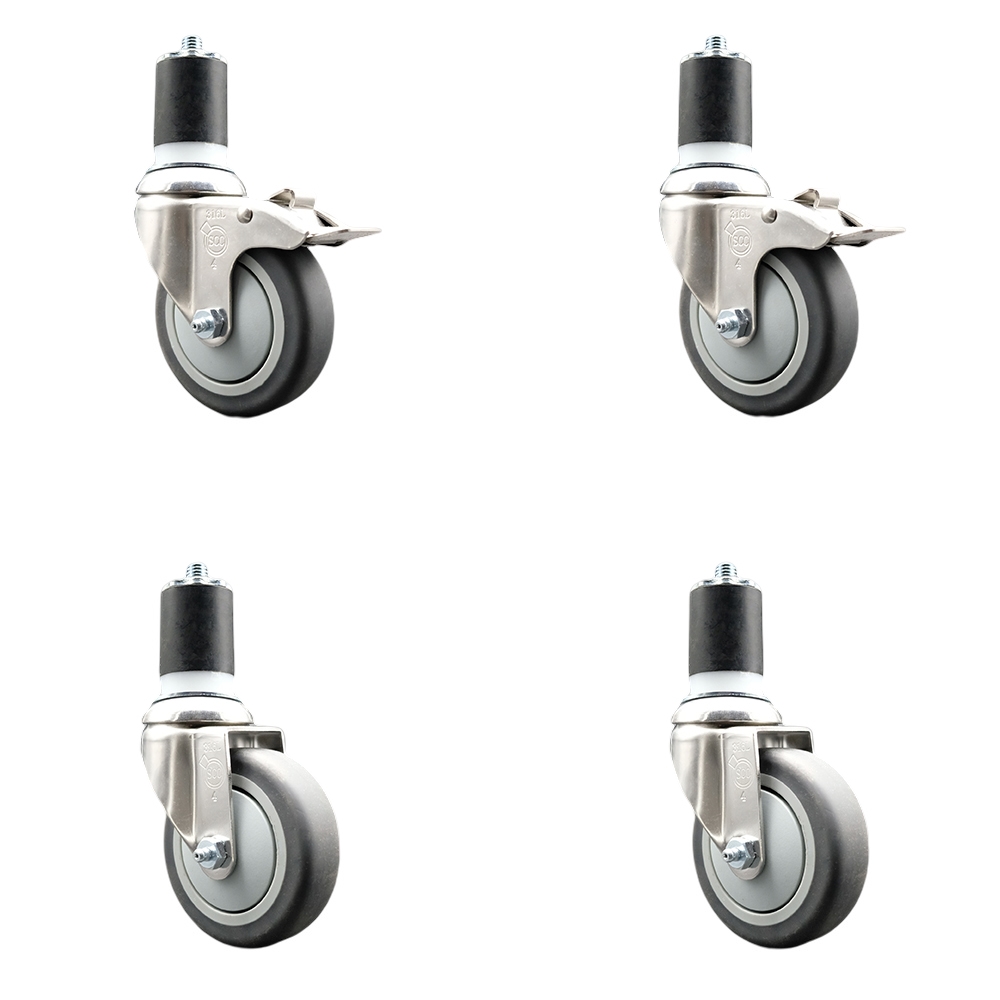 Thermoplastic Rubber Swivel Stem Caster Set of 4 with 4 Inch Caster Wheels- 1-3/4" Expanding Stem-316 Stainless Steel Casters-Includes 2 Swivel with Total Lock Brakes and 2 Swivel-Service Caster Brand — photo 1