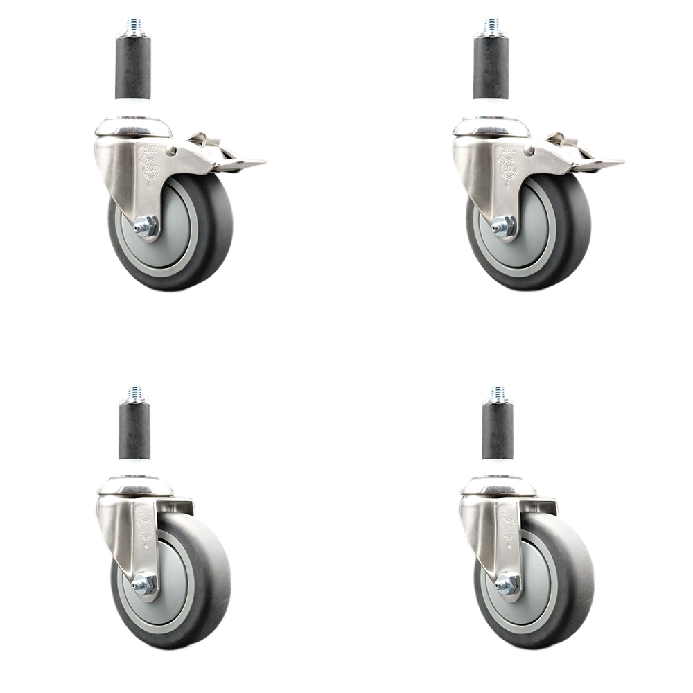 Thermoplastic Rubber Swivel Stem Caster Set of 4 with 4 Inch Caster Wheels- 1-3/8" Expanding Stem-316 Stainless Steel Casters-Includes 2 Swivel with Total Lock Brakes and 2 Swivel-Service Caster Brand — photo 1