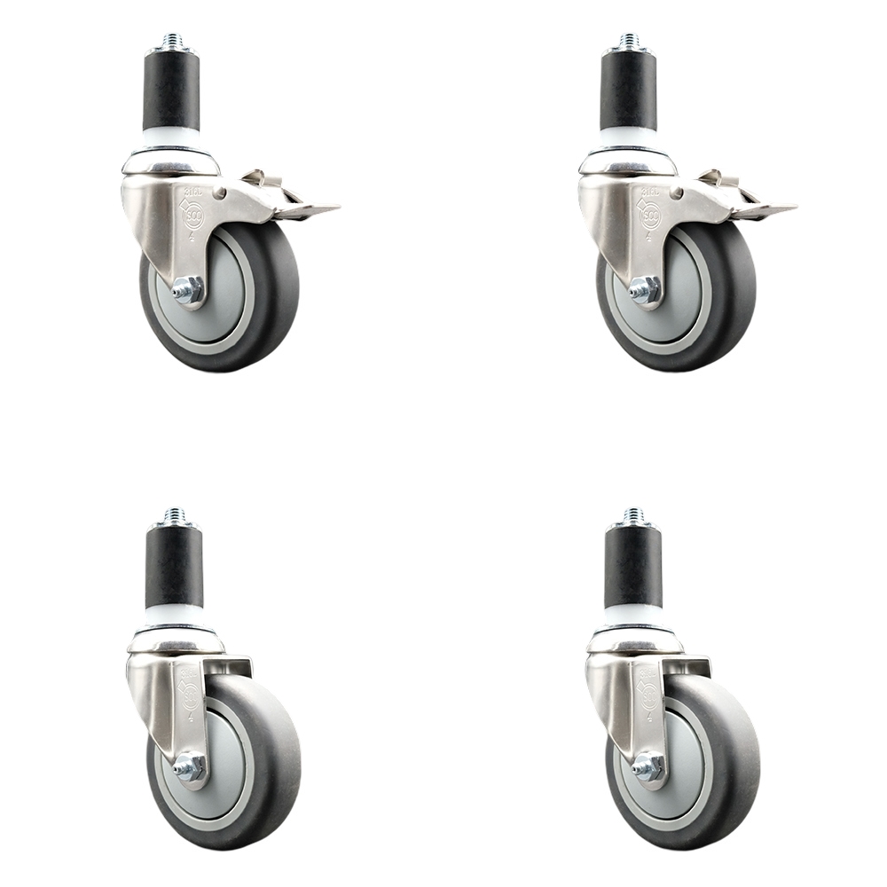 Thermoplastic Rubber Swivel Stem Caster Set of 4 with 4 Inch Caster Wheels- 1-5/8" Expanding Stem-316 Stainless Steel Casters-Includes 2 Swivel with Total Lock Brakes and 2 Swivel-Service Caster Brand — photo 1