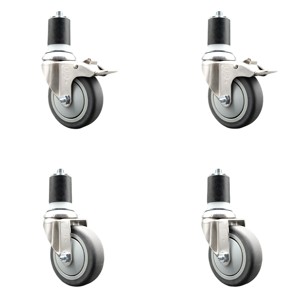 Thermoplastic Rubber Swivel Stem Caster Set of 4 with 4 Inch Caster Wheels- 1-7/8" Expanding Stem-316 Stainless Steel Casters-Includes 2 Swivel with Total Lock Brakes and 2 Swivel-Service Caster Brand — photo 1
