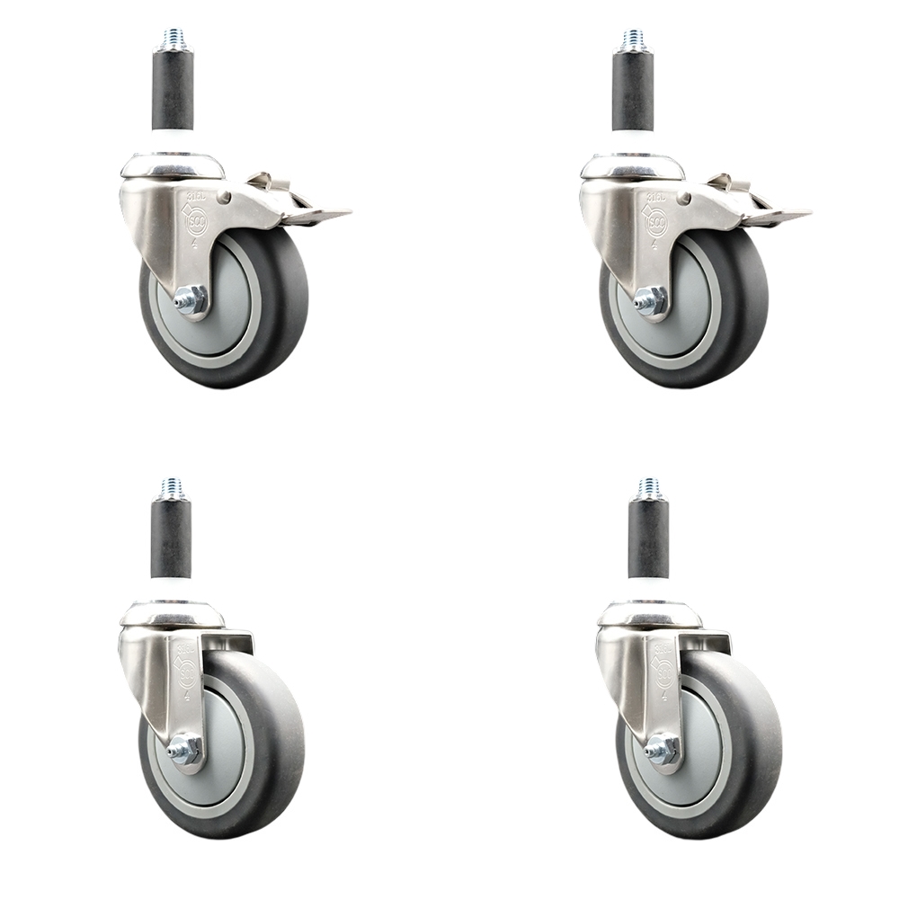 Thermoplastic Rubber Swivel Stem Caster Set of 4 with 4 Inch Caster Wheels- 1" Expanding Stem-316 Stainless Steel Casters - Includes 2 Swivel with Total Lock Brakes and 2 Swivel - Service Caster Brand — photo 1