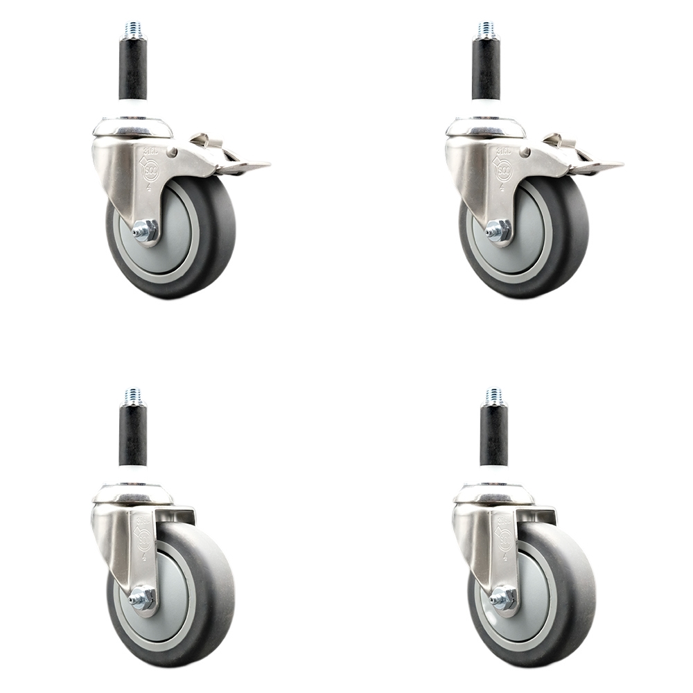 Thermoplastic Rubber Swivel Stem Caster Set of 4 with 4 Inch Caster Wheels- 3/4" Expanding Stem-316 Stainless Steel Casters - Includes 2 Swivel with Total Lock Brakes and 2 Swivel-Service Caster Brand — photo 1