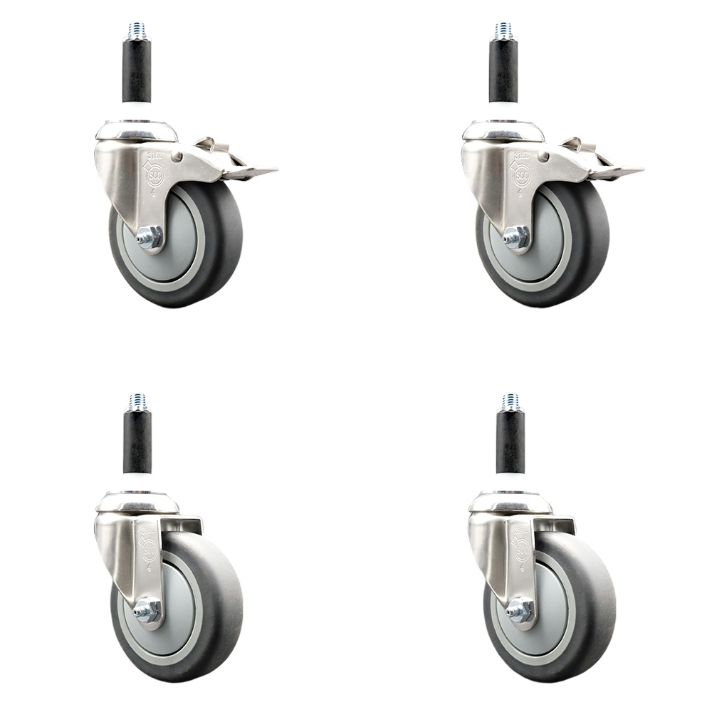 Thermoplastic Rubber Swivel Stem Caster Set of 4 with 4 Inch Caster Wheels- 7/8" Expanding Stem-316 Stainless Steel Casters - Includes 2 Swivel with Total Lock Brakes and 2 Swivel-Service Caster Brand — photo 1