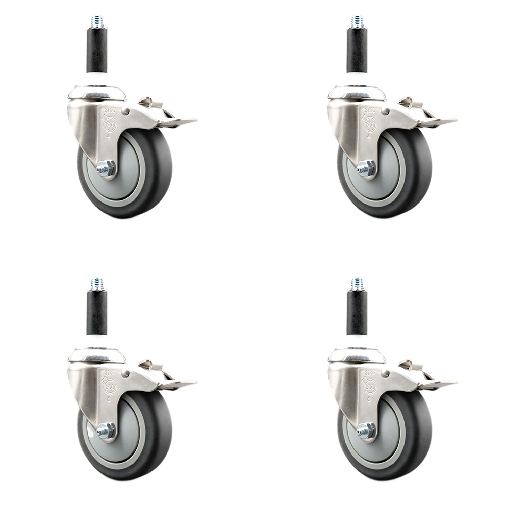 Thermoplastic Rubber Swivel Stem Caster Set of 4 with 4 Inch Caster Wheels - 7/8" Expanding Stems - 316 Stainless Steel Casters - Includes 4 Swivel Casters with Total Lock Brakes- Service Caster Brand — photo 1