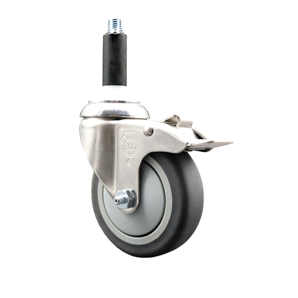 Thermoplastic Rubber Swivel Stem Caster with 4 Inch Gray Caster Wheel and Total Lock Brake - 7/8" Expanding Stem - 316 Stainless Steel Caster - 250 lbs. Capacity Per Caster - Service Caster Brand — photo 1