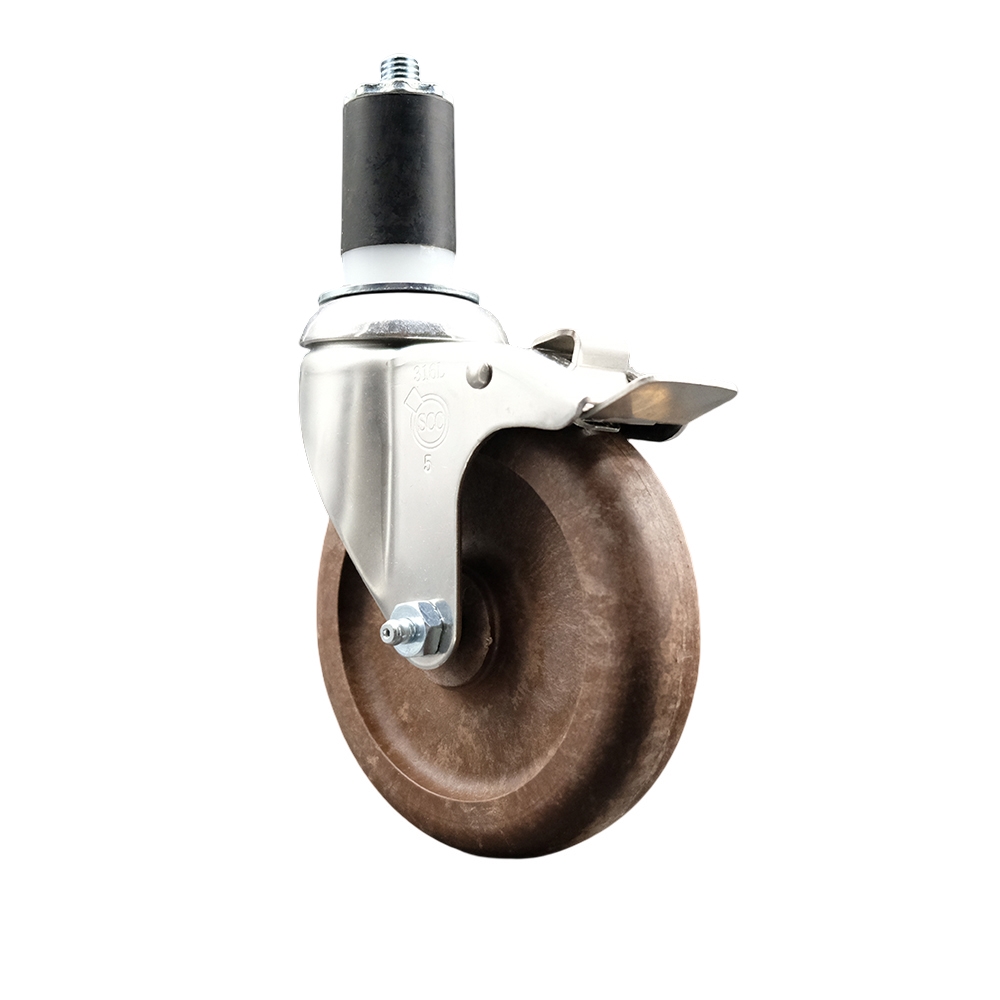 High Temp Glass Filled Nylon Swivel Stem Caster with 5 Inch Brown Caster Wheel and Total Lock Brake - 1-1/2" Expanding Stem-316 Stainless Steel Caster-350 lbs. Capacity Per Caster-Service Caster Brand — photo 1
