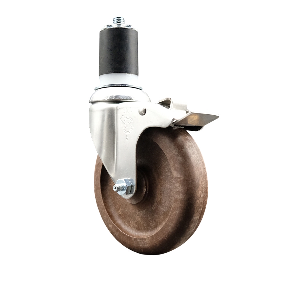 High Temp Glass Filled Nylon Swivel Stem Caster with 5 Inch Brown Caster Wheel and Total Lock Brake - 1-3/4" Expanding Stem-316 Stainless Steel Caster-350 lbs. Capacity Per Caster-Service Caster Brand — photo 1