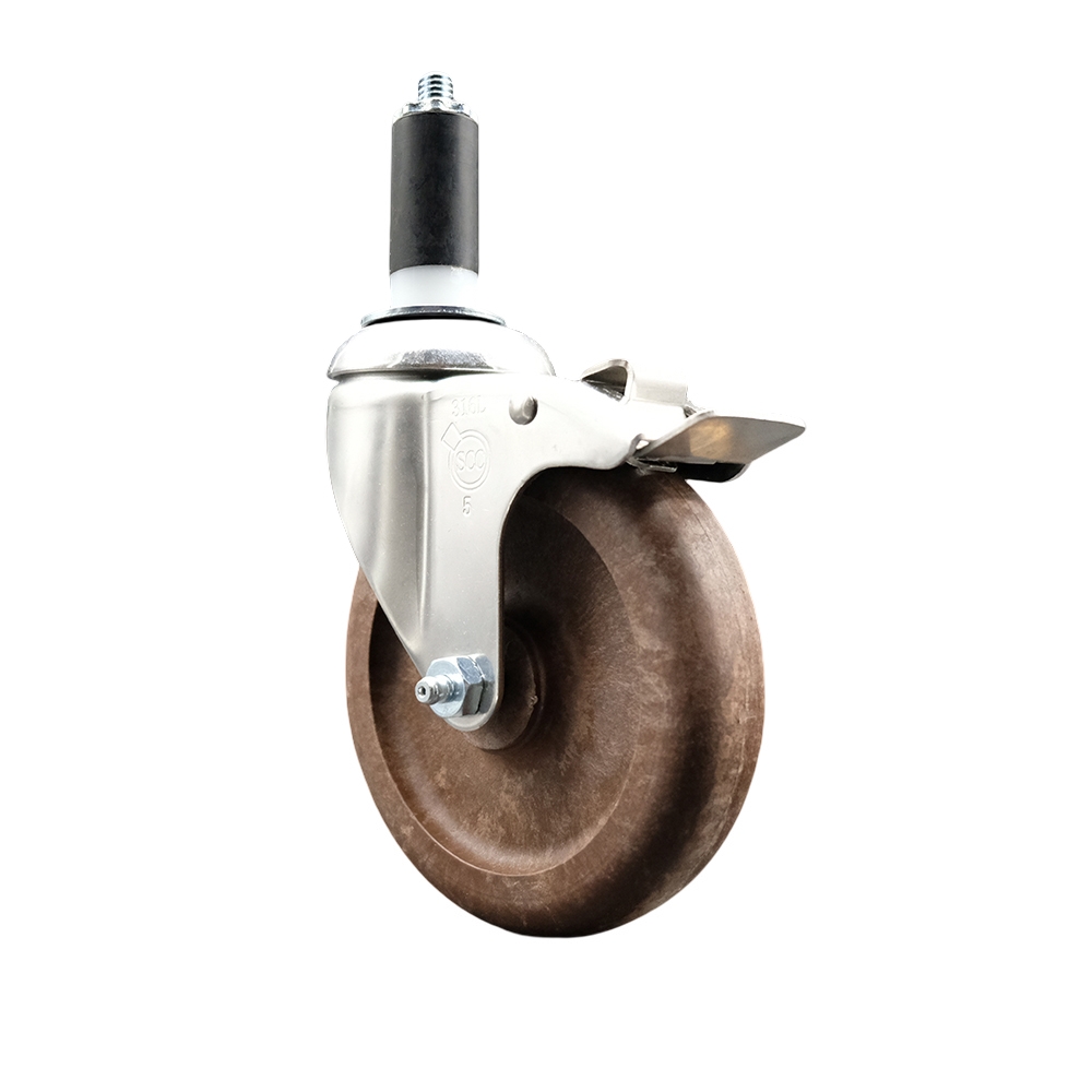High Temp Glass Filled Nylon Swivel Stem Caster with 5 Inch Brown Caster Wheel and Total Lock Brake - 1-3/8" Expanding Stem-316 Stainless Steel Caster-350 lbs. Capacity Per Caster-Service Caster Brand — photo 1