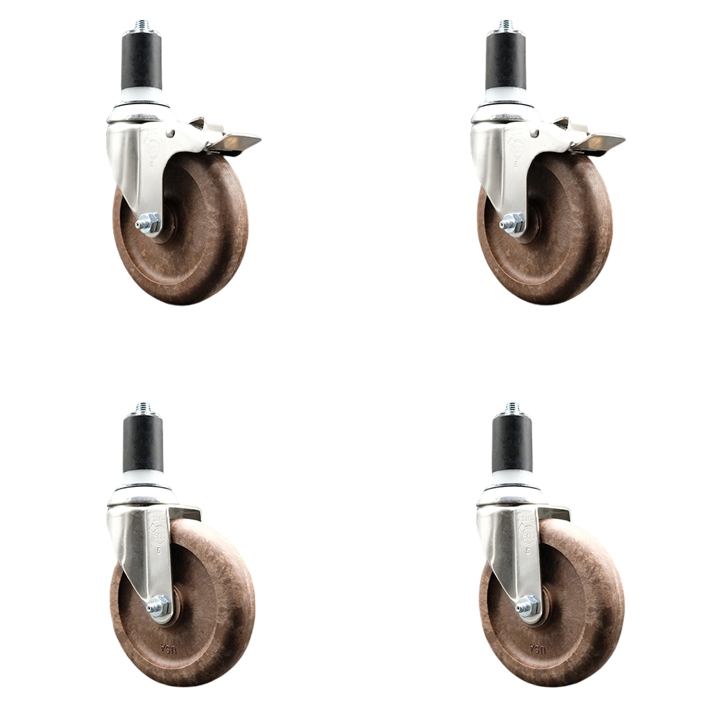 High Temp Glass Filled Nylon Swivel Stem Caster Set of 4 with 5 Inch Caster Wheel-1-1/2" Expanding Stem-316 Stainless Steel Caster-Include 2 Swivel with Total Lock Brake& 2 Swivel-Service Caster Brand — photo 1