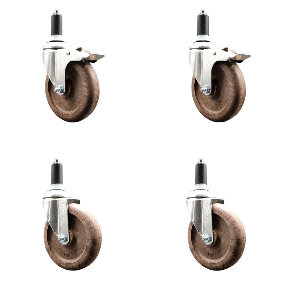 High Temp Glass Filled Nylon Swivel Stem Caster Set of 4 with 5 Inch Caster Wheel-1-1/4" Expanding Stem-316 Stainless Steel Caster-Include 2 Swivel with Total Lock Brake& 2 Swivel-Service Caster Brand — photo 1