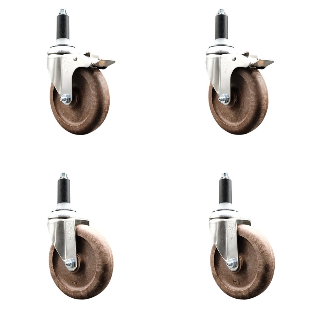High Temp Glass Filled Nylon Swivel Stem Caster Set of 4 with 5 Inch Caster Wheel-1-1/8" Expanding Stem-316 Stainless Steel Caster-Include 2 Swivel with Total Lock Brake& 2 Swivel-Service Caster Brand — photo 1