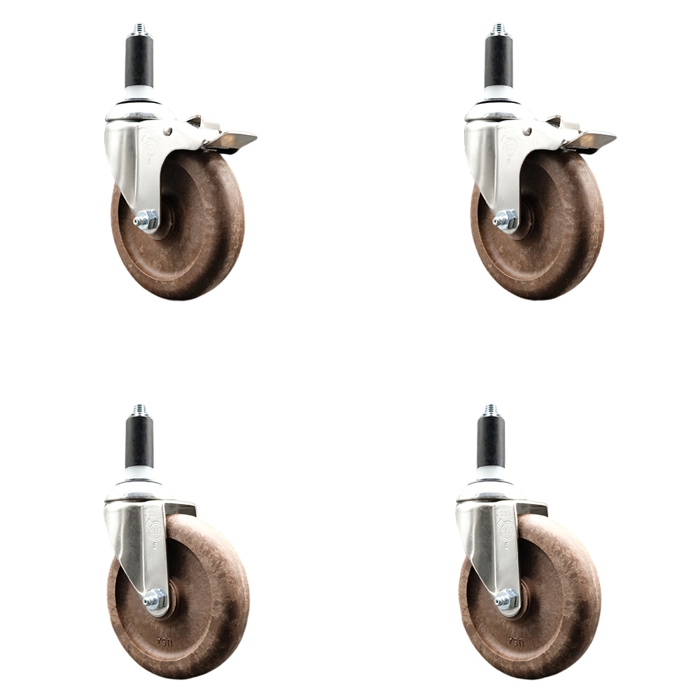 High Temp Glass Filled Nylon Swivel Stem Caster Set of 4 with 5 Inch Caster Wheel-1-3/8" Expanding Stem-316 Stainless Steel Caster-Include 2 Swivel with Total Lock Brake& 2 Swivel-Service Caster Brand — photo 1