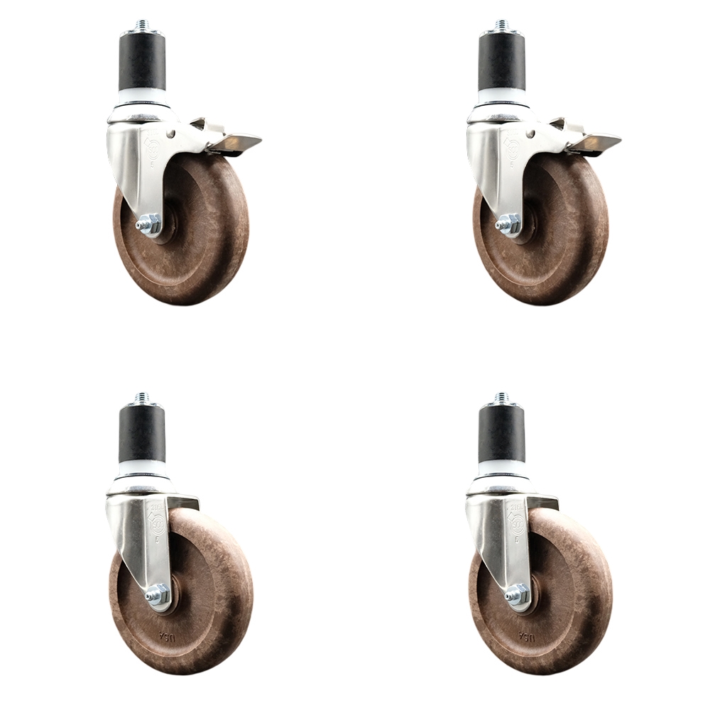 High Temp Glass Filled Nylon Swivel Stem Caster Set of 4 with 5 Inch Caster Wheel-1-7/8" Expanding Stem-316 Stainless Steel Caster-Include 2 Swivel with Total Lock Brake& 2 Swivel-Service Caster Brand — photo 1