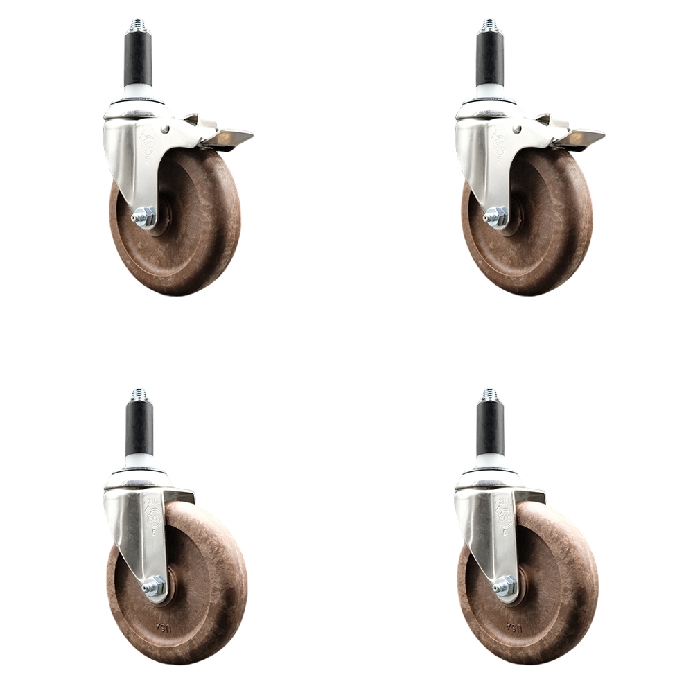 High Temp Glass Filled Nylon Swivel Stem Caster Set of 4 with 5 Inch Caster Wheel-1" Expanding Stems-316 Stainless Steel Casters-Includes 2 Swivel with Total Lock Brakes& 2 Swivel-Service Caster Brand — photo 1