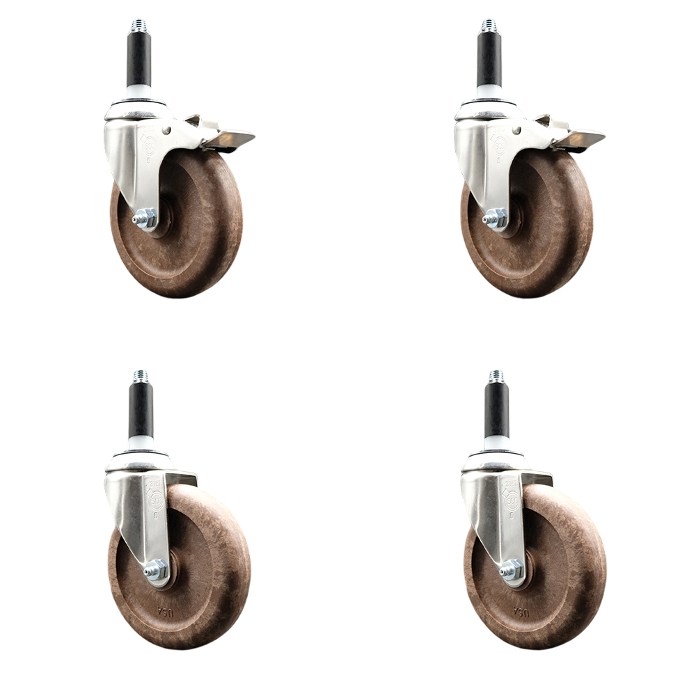 High Temp Glass Filled Nylon Swivel Stem Caster Set of 4 with 5 Inch Caster Wheel-3/4" Expanding Stems-316 Stainless Steel Casters-Includes 2 Swivel with Total Lock Brake&2 Swivel-Service Caster Brand — photo 1