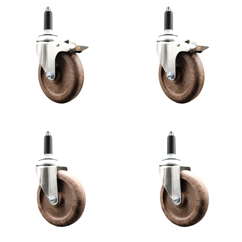 High Temp Glass Filled Nylon Swivel Stem Caster Set of 4 with 5 Inch Caster Wheel-7/8" Expanding Stems-316 Stainless Steel Casters-Includes 2 Swivel with Total Lock Brake&2 Swivel-Service Caster Brand — photo 1