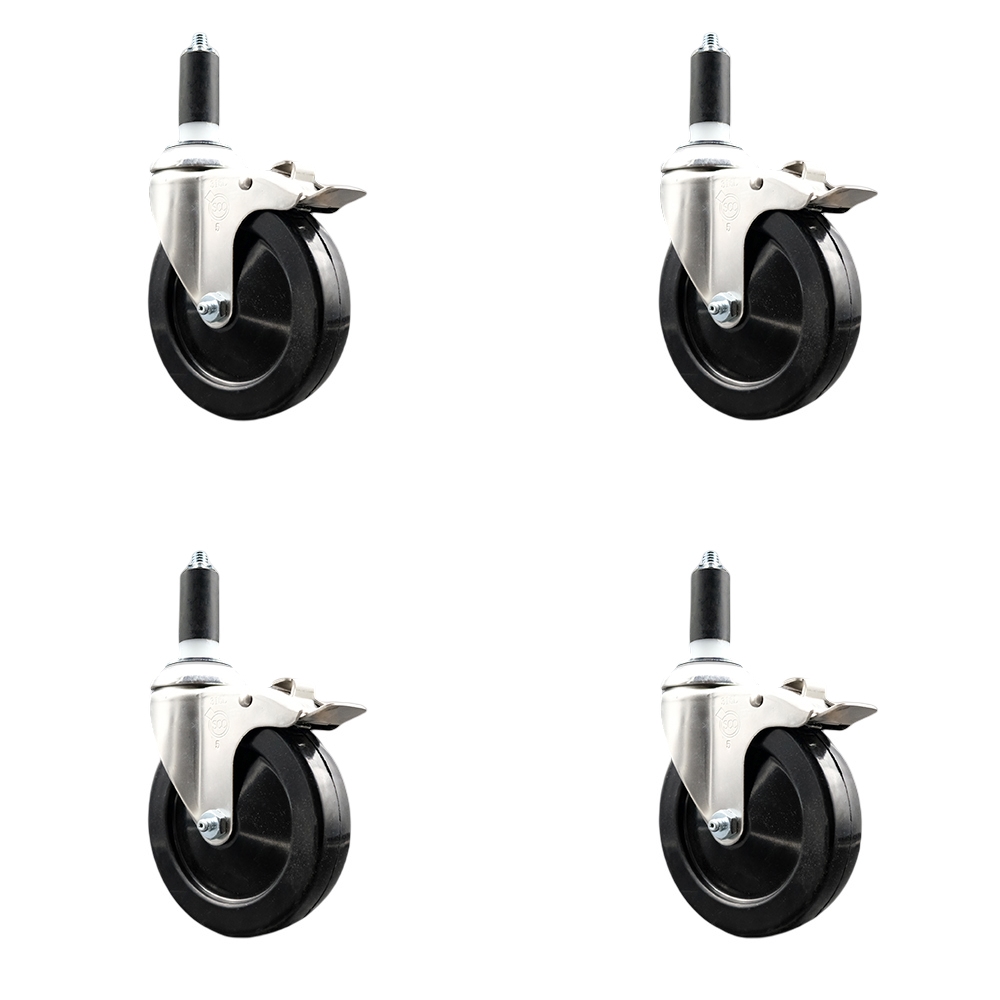 Hard Rubber Swivel Stem Caster Set of 4 with 5 Inch Caster Wheels - 1-1/4" Expanding Stems - 316 Stainless Steel Casters - Includes 4 Swivel Casters with Total Lock Brakes - Service Caster Brand — photo 1
