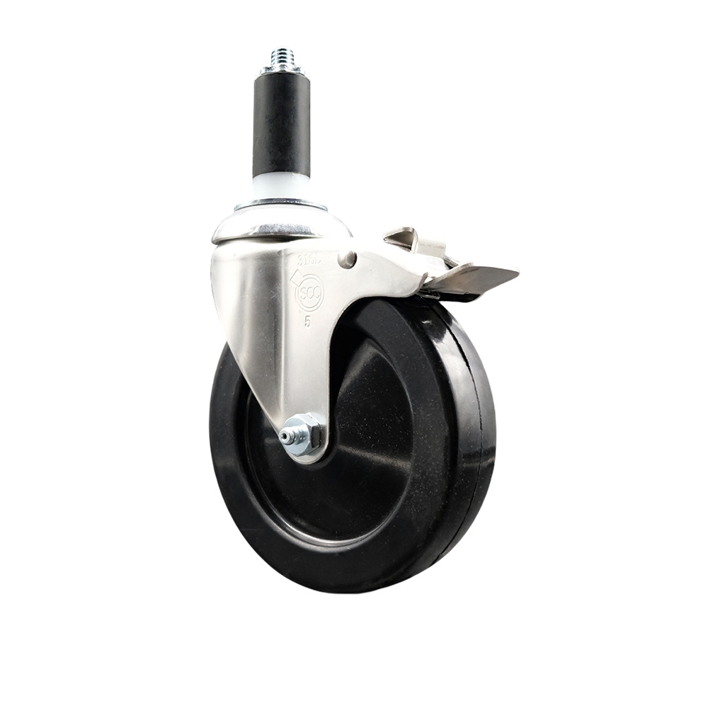 Soft Rubber Swivel Stem Caster with 5 Inch Black Caster Wheel and Total Lock Brake - 1-1/4" Expanding Stem - 316 Stainless Steel Caster - 275 lbs. Capacity Per Caster - Service Caster Brand — photo 1