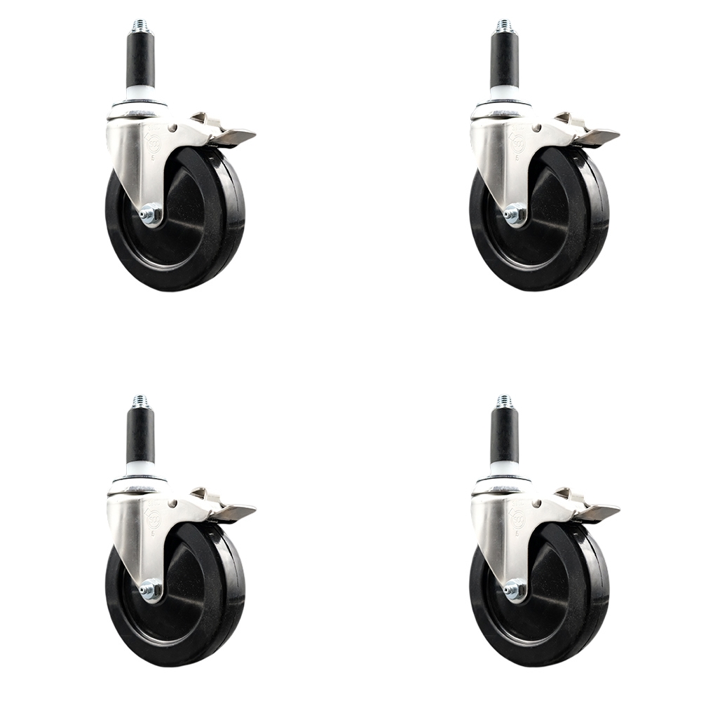 Hard Rubber Swivel Stem Caster Set of 4 with 5 Inch Caster Wheels - 1-1/8" Expanding Stems - 316 Stainless Steel Casters - Includes 4 Swivel Casters with Total Lock Brakes - Service Caster Brand — photo 1
