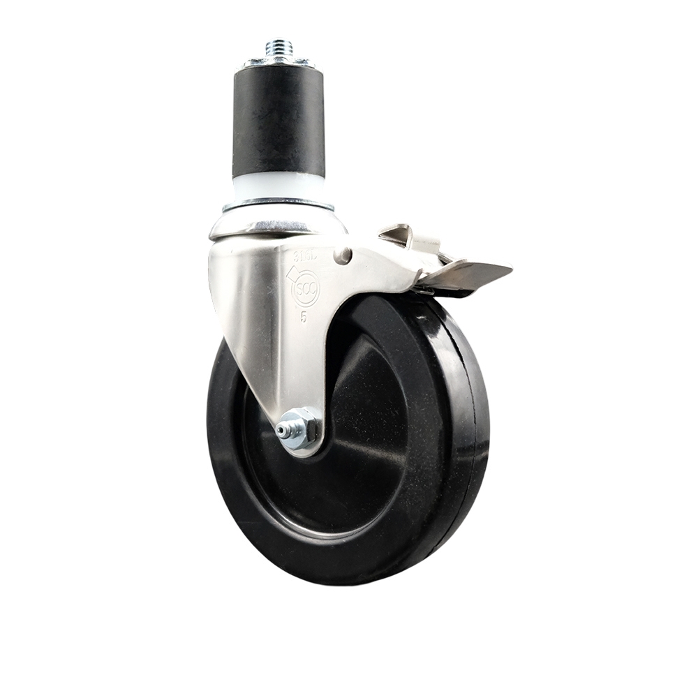 Soft Rubber Swivel Stem Caster with 5 Inch Black Caster Wheel and Total Lock Brake - 1-3/4" Expanding Stem - 316 Stainless Steel Caster - 275 lbs. Capacity Per Caster - Service Caster Brand — photo 1