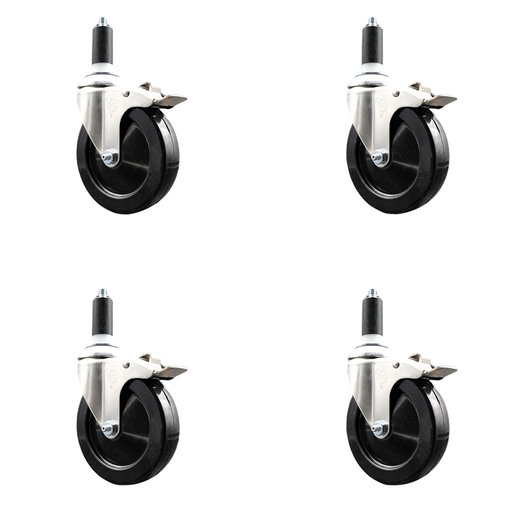Hard Rubber Swivel Stem Caster Set of 4 with 5 Inch Caster Wheels - 1-3/8" Expanding Stems - 316 Stainless Steel Casters - Includes 4 Swivel Casters with Total Lock Brakes - Service Caster Brand — photo 1