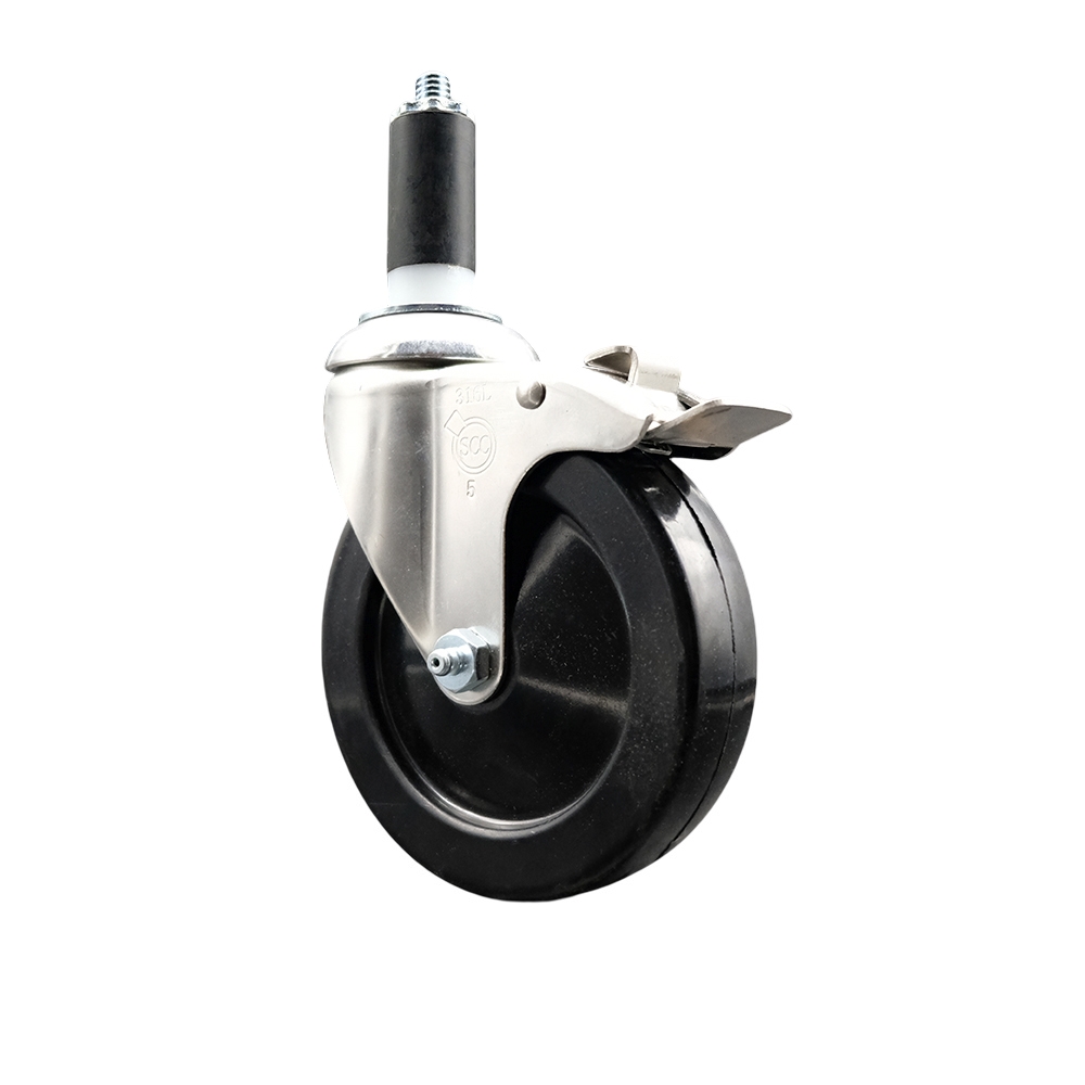 Soft Rubber Swivel Stem Caster with 5 Inch Black Caster Wheel and Total Lock Brake - 1-3/8" Expanding Stem - 316 Stainless Steel Caster - 275 lbs. Capacity Per Caster - Service Caster Brand — photo 1