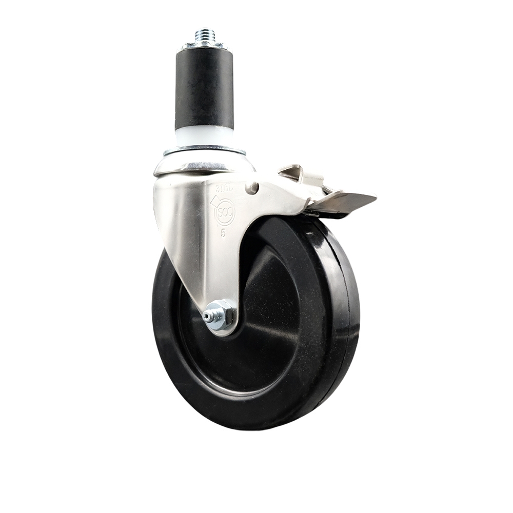 Hard Rubber Swivel Stem Caster with 5 Inch Black Caster Wheel and Total Lock Brake - 1-5/8" Expanding Stem - 316 Stainless Steel Caster - 300 lbs. Capacity Per Caster - Service Caster Brand — photo 1