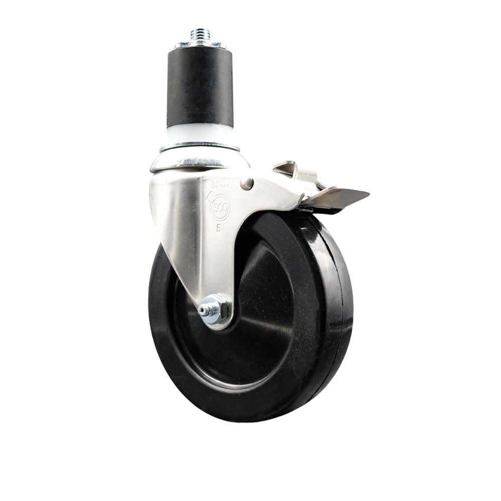 Soft Rubber Swivel Stem Caster with 5 Inch Black Caster Wheel and Total Lock Brake - 1-7/8" Expanding Stem - 316 Stainless Steel Caster - 275 lbs. Capacity Per Caster - Service Caster Brand — photo 1