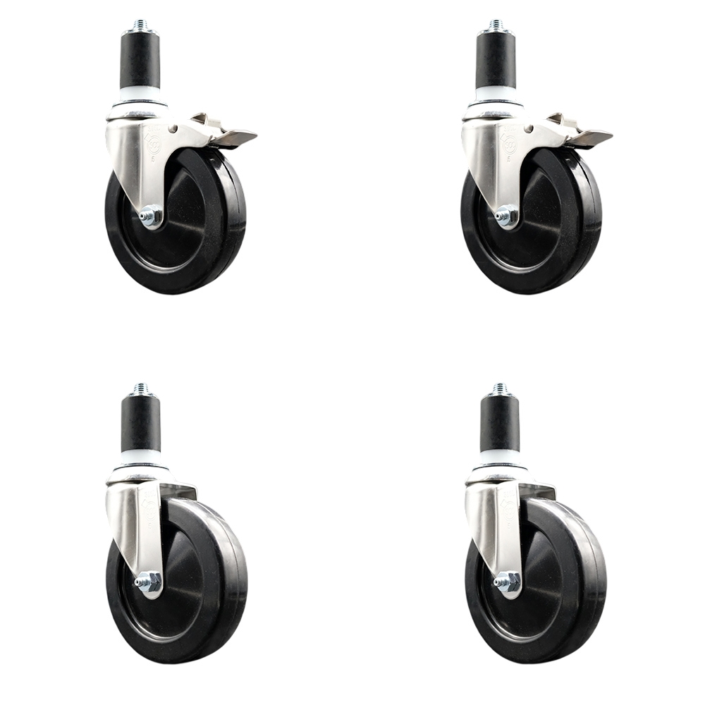 Soft Rubber Swivel Stem Caster Set of 4 with 5 Inch Caster Wheels - 1-1/2" Expanding Stem - 316 Stainless Steel Casters - Includes 2 Swivel with Total Lock Brakes and 2 Swivel - Service Caster Brand — photo 1