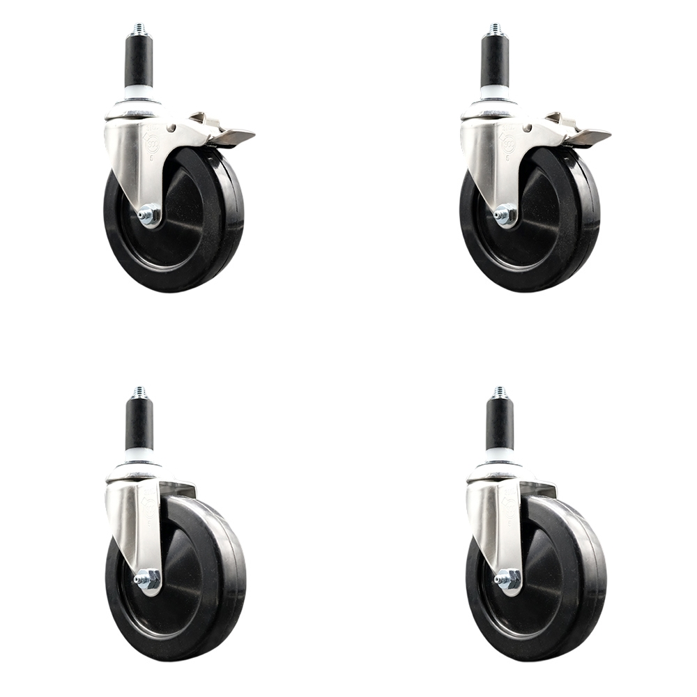 Hard Rubber Swivel Stem Caster Set of 4 with 5 Inch Caster Wheels - 1-1/4" Expanding Stem - 316 Stainless Steel Casters - Includes 2 Swivel with Total Lock Brakes and 2 Swivel - Service Caster Brand — photo 1