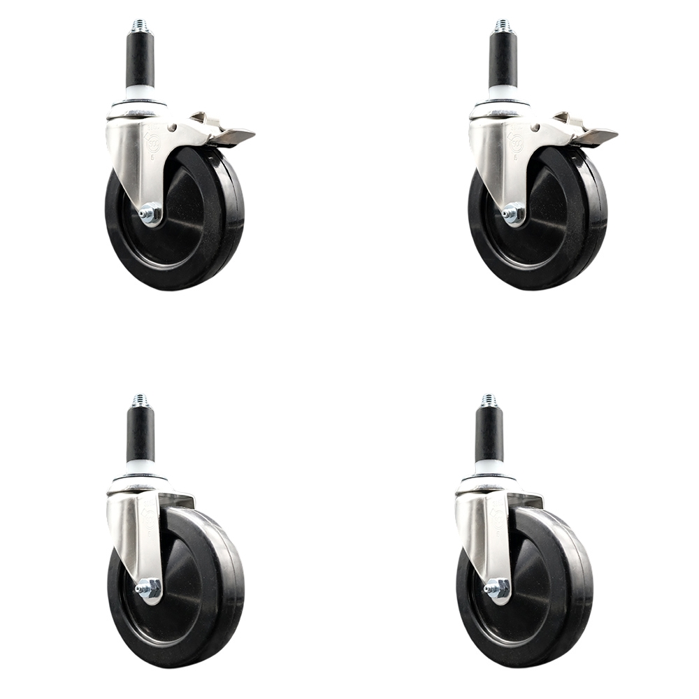 Soft Rubber Swivel Stem Caster Set of 4 with 5 Inch Caster Wheels - 1-1/8" Expanding Stem - 316 Stainless Steel Casters - Includes 2 Swivel with Total Lock Brakes and 2 Swivel - Service Caster Brand — photo 1