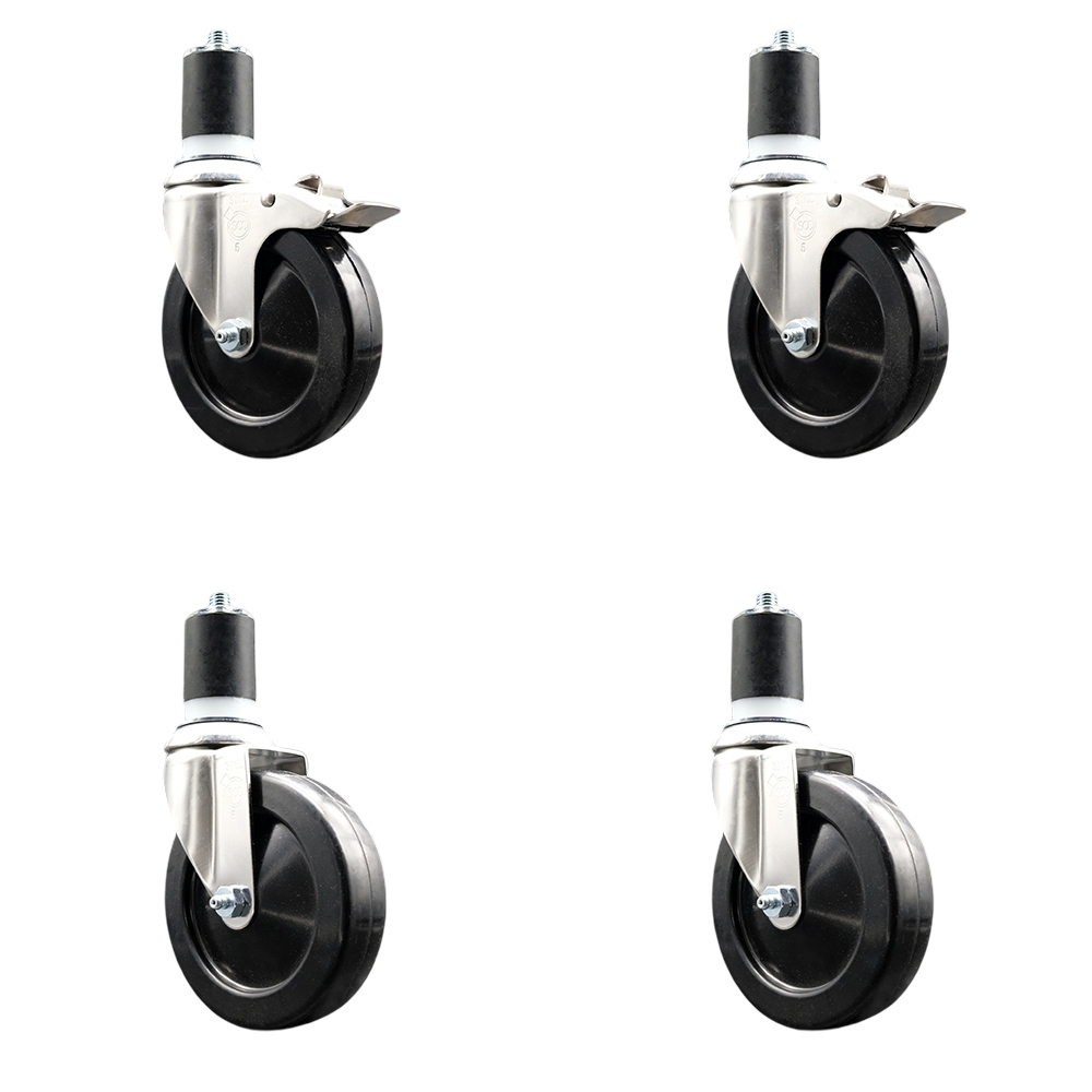 Hard Rubber Swivel Stem Caster Set of 4 with 5 Inch Caster Wheels - 1-3/4" Expanding Stem - 316 Stainless Steel Casters - Includes 2 Swivel with Total Lock Brakes and 2 Swivel - Service Caster Brand — photo 1