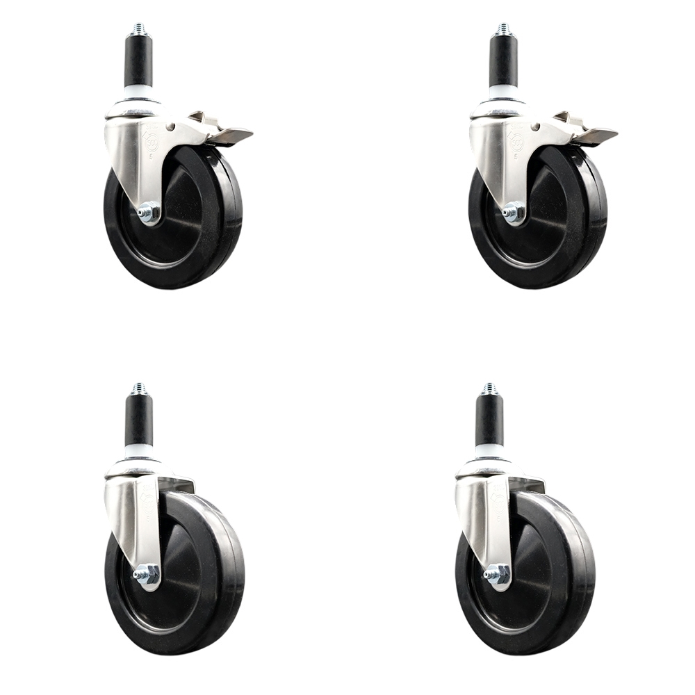 Soft Rubber Swivel Stem Caster Set of 4 with 5 Inch Caster Wheels - 1-3/8" Expanding Stem - 316 Stainless Steel Casters - Includes 2 Swivel with Total Lock Brakes and 2 Swivel - Service Caster Brand — photo 1