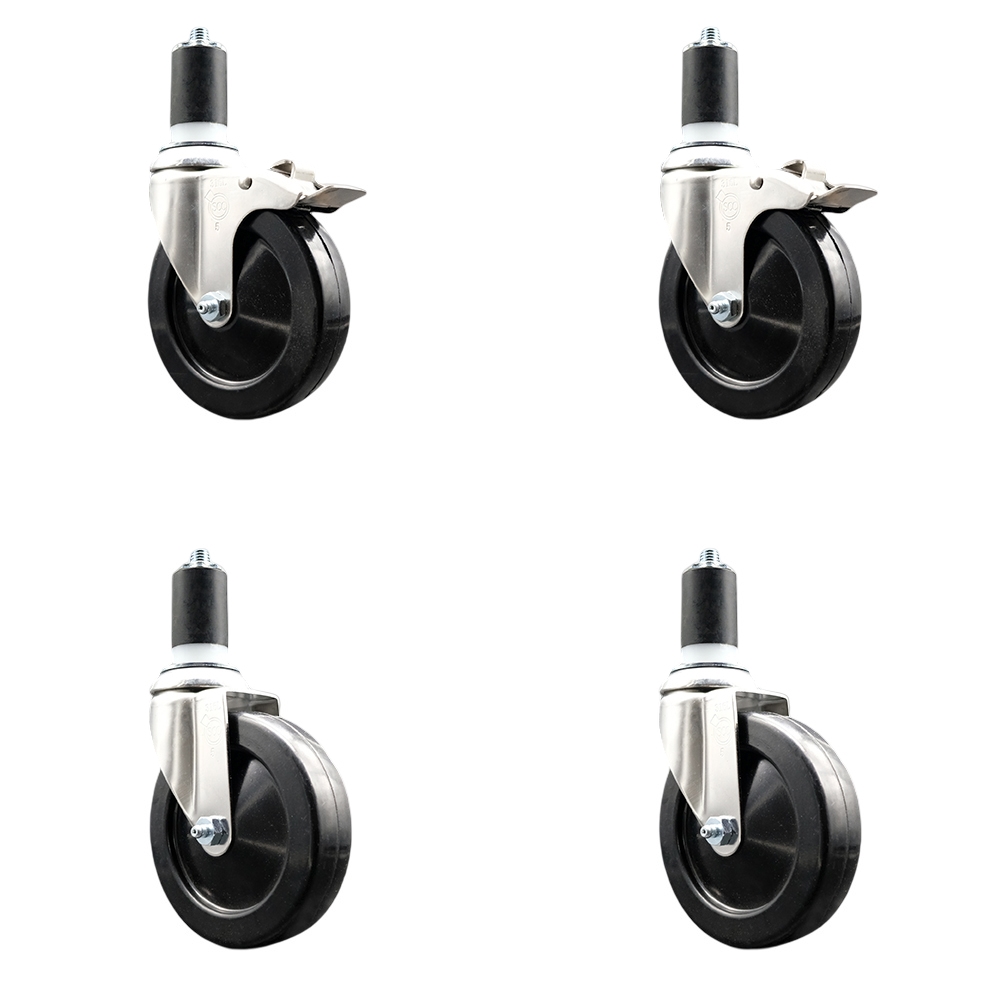 Soft Rubber Swivel Stem Caster Set of 4 with 5 Inch Caster Wheels - 1-5/8" Expanding Stem - 316 Stainless Steel Casters - Includes 2 Swivel with Total Lock Brakes and 2 Swivel - Service Caster Brand — photo 1