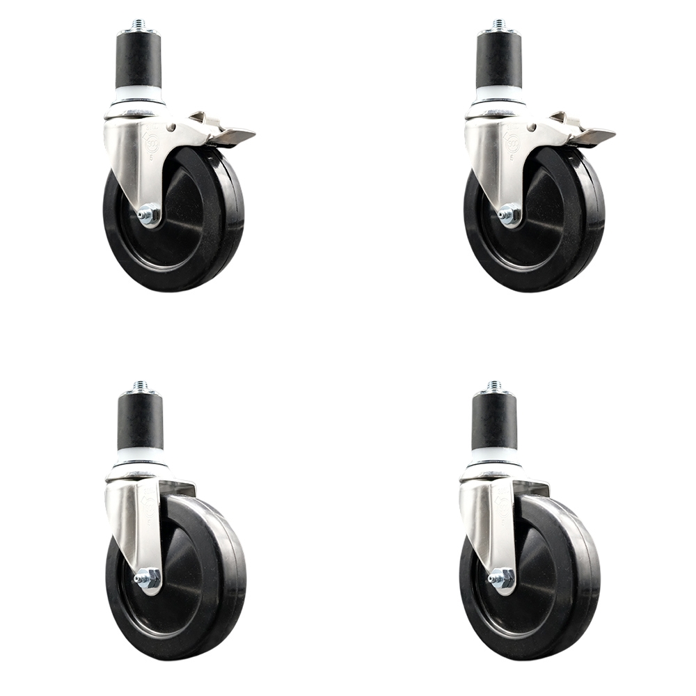 Soft Rubber Swivel Stem Caster Set of 4 with 5 Inch Caster Wheels - 1-7/8" Expanding Stem - 316 Stainless Steel Casters - Includes 2 Swivel with Total Lock Brakes and 2 Swivel - Service Caster Brand — photo 1