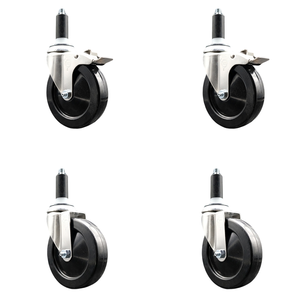 Soft Rubber Swivel Stem Caster Set of 4 with 5 Inch Caster Wheels - 1" Expanding Stem - 316 Stainless Steel Casters - Includes 2 Swivel with Total Lock Brakes and 2 Swivel - Service Caster Brand — photo 1