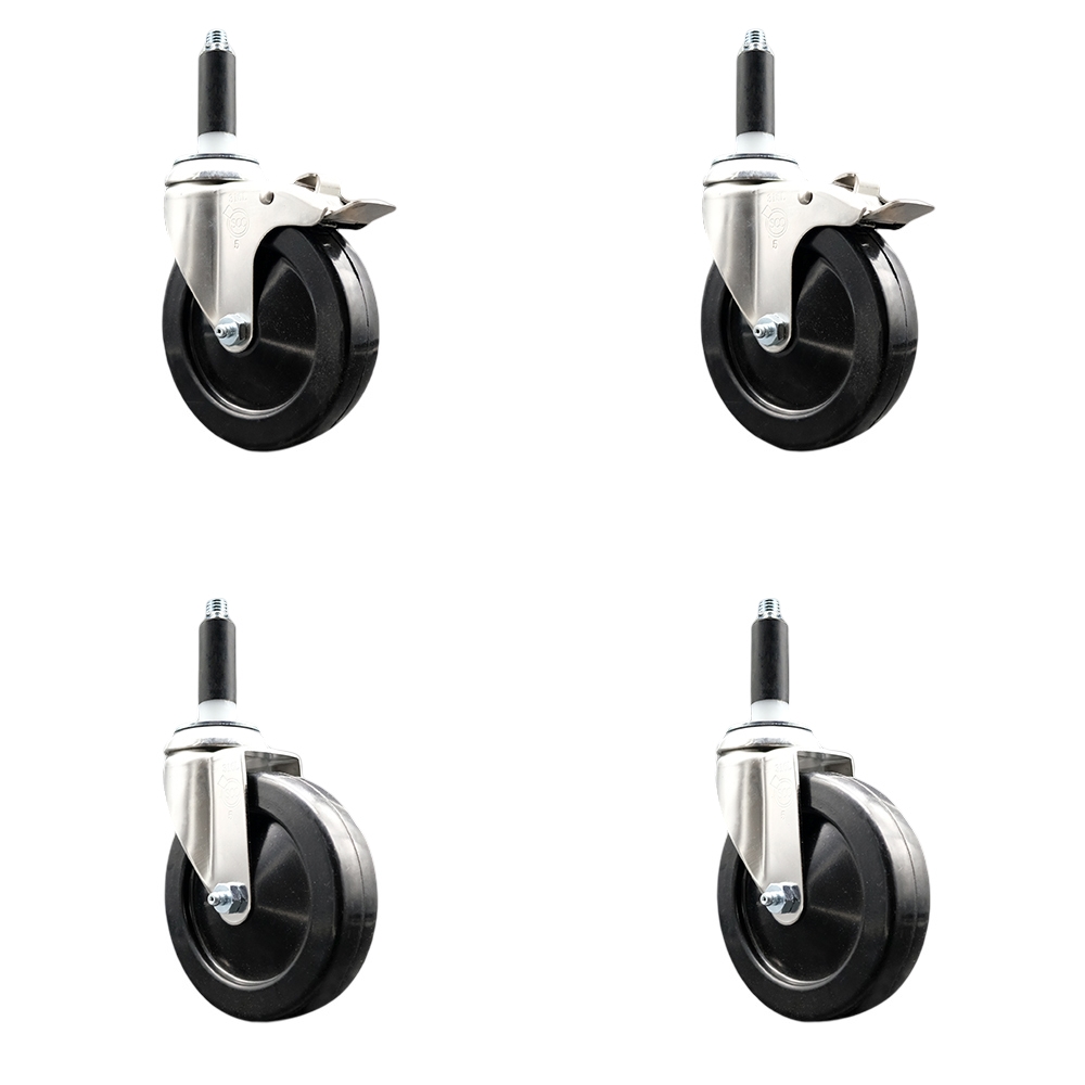Soft Rubber Swivel Stem Caster Set of 4 with 5 Inch Caster Wheels - 3/4" Expanding Stem - 316 Stainless Steel Casters - Includes 2 Swivel with Total Lock Brakes and 2 Swivel - Service Caster Brand — photo 1