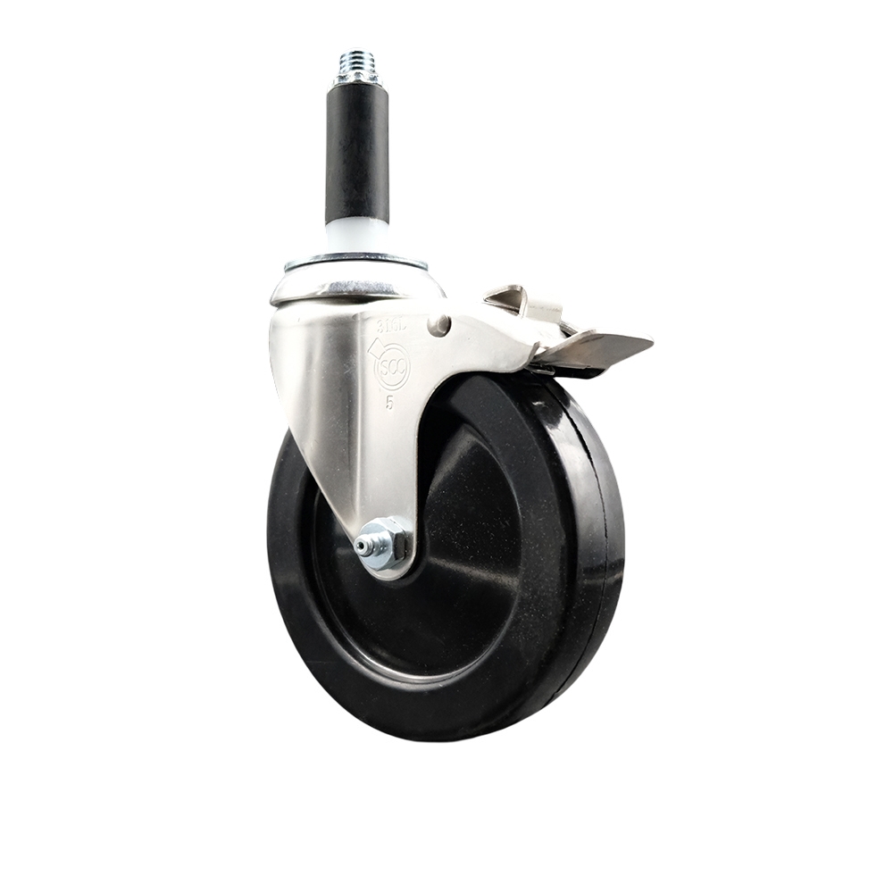 Soft Rubber Swivel Stem Caster with 5 Inch Black Caster Wheel and Total Lock Brake - 3/4" Expanding Stem - 316 Stainless Steel Caster - 275 lbs. Capacity Per Caster - Service Caster Brand — photo 1