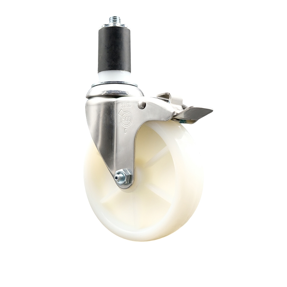 Nylon Swivel Stem Caster with 5 Inch White Caster Wheel and Total Lock Brake - 1-1/2" Expanding Stem - 316 Stainless Steel Caster - 300 lbs. Capacity Per Caster - Service Caster Brand — photo 1
