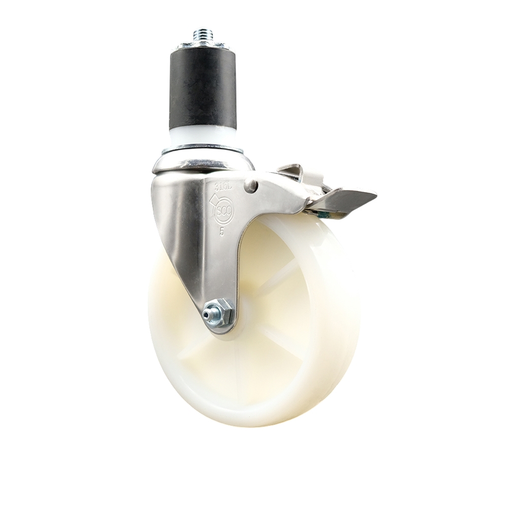 Nylon Swivel Stem Caster with 5 Inch White Caster Wheel and Total Lock Brake - 1-3/4" Expanding Stem - 316 Stainless Steel Caster - 300 lbs. Capacity Per Caster - Service Caster Brand — photo 1