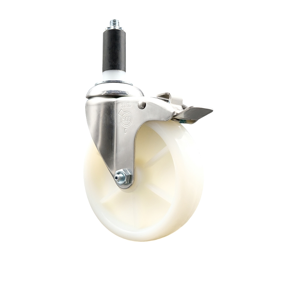Nylon Swivel Stem Caster with 5 Inch White Caster Wheel and Total Lock Brake - 1-3/8" Expanding Stem - 316 Stainless Steel Caster - 300 lbs. Capacity Per Caster - Service Caster Brand — photo 1
