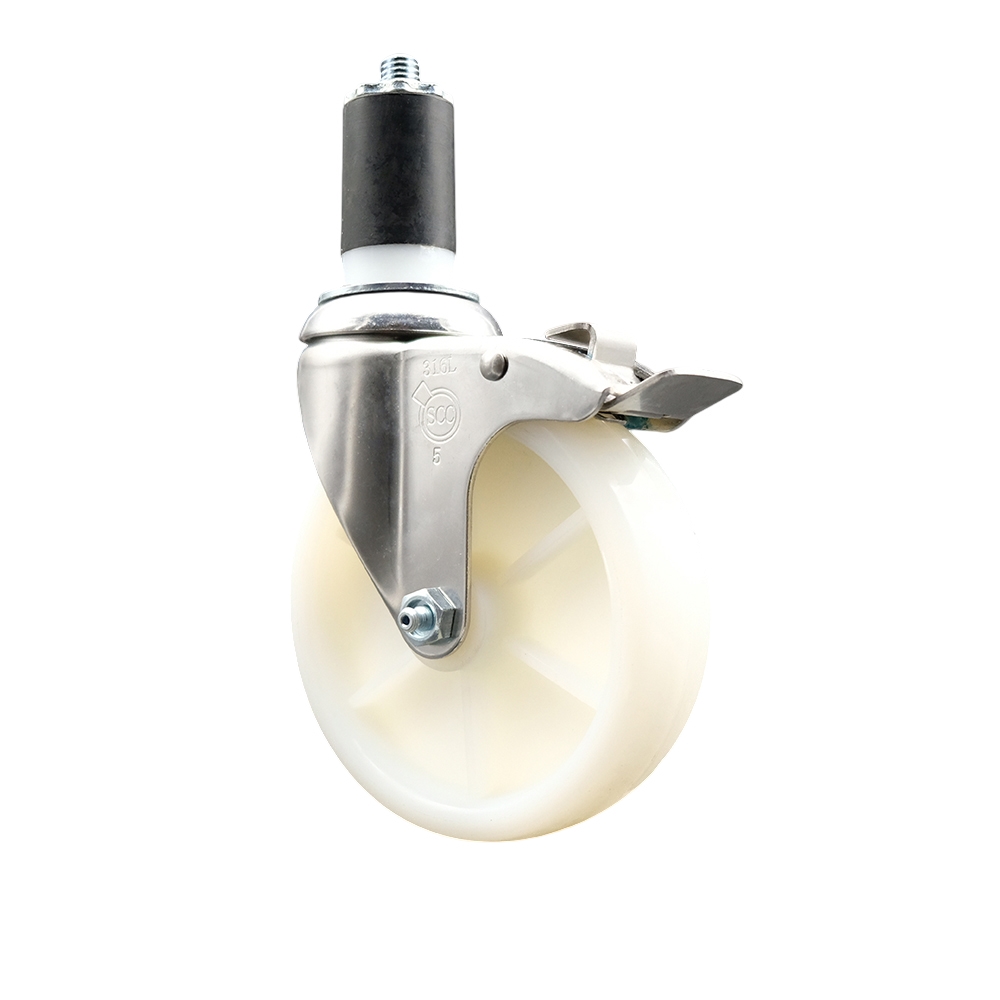 Nylon Swivel Stem Caster with 5 Inch White Caster Wheel and Total Lock Brake - 1-5/8" Expanding Stem - 316 Stainless Steel Caster - 300 lbs. Capacity Per Caster - Service Caster Brand — photo 1