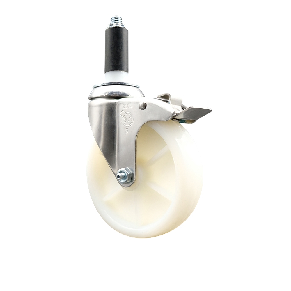 Nylon Swivel Stem Caster with 5 Inch White Caster Wheel and Total Lock Brake - 1" Expanding Stem - 316 Stainless Steel Caster - 300 lbs. Capacity Per Caster - Service Caster Brand — photo 1