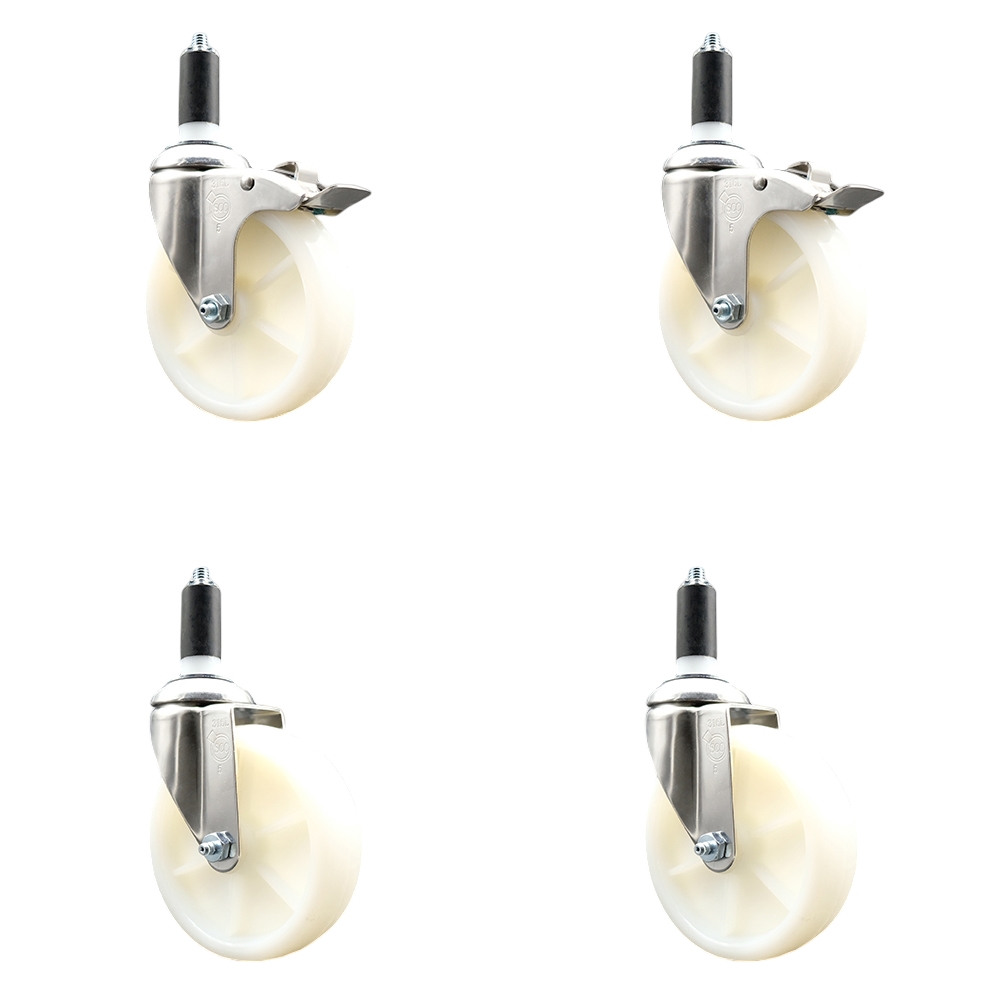 Nylon Swivel Stem Caster Set of 4 with 5 Inch Caster Wheels - 1-1/4" Expanding Stem - 316 Stainless Steel Casters - Includes 2 Swivel with Total Lock Brakes and 2 Swivel - Service Caster Brand — photo 1